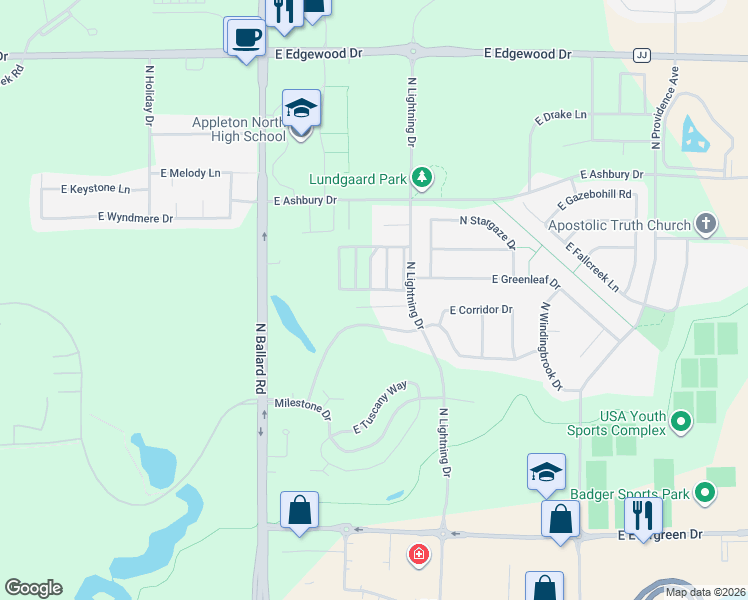 map of restaurants, bars, coffee shops, grocery stores, and more near 2324 East Glenhurst Lane in Appleton