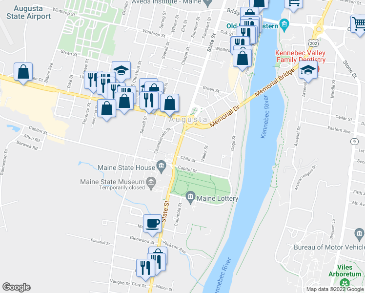 map of restaurants, bars, coffee shops, grocery stores, and more near 183 State Street in Augusta