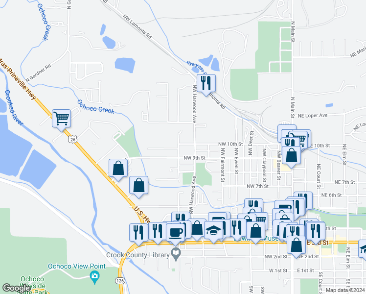 map of restaurants, bars, coffee shops, grocery stores, and more near 855 Northwest 9th Street in Prineville