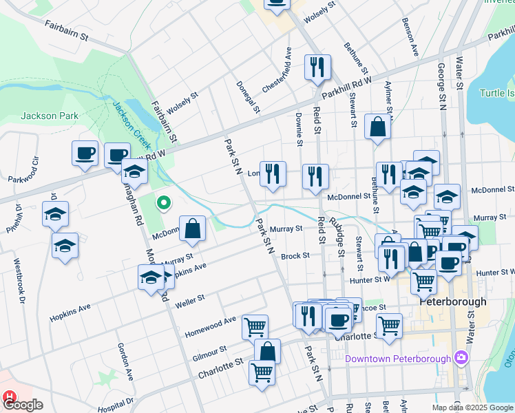 map of restaurants, bars, coffee shops, grocery stores, and more near 516 Park Street North in Peterborough