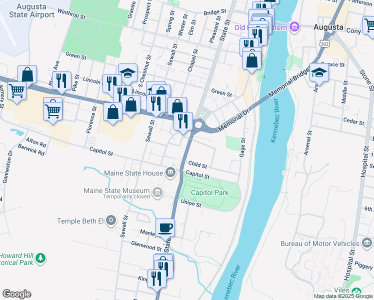 map of restaurants, bars, coffee shops, grocery stores, and more near State Street in Augusta