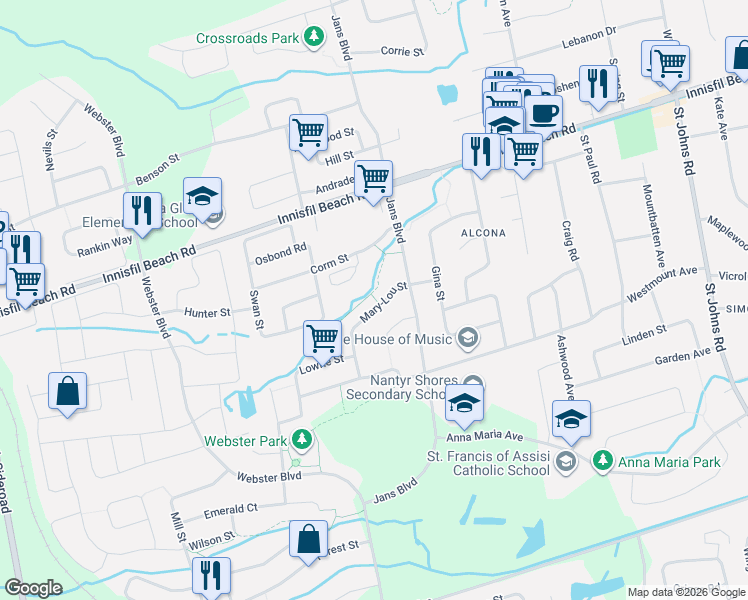 map of restaurants, bars, coffee shops, grocery stores, and more near 1200 Mary-Lou Street in Innisfil