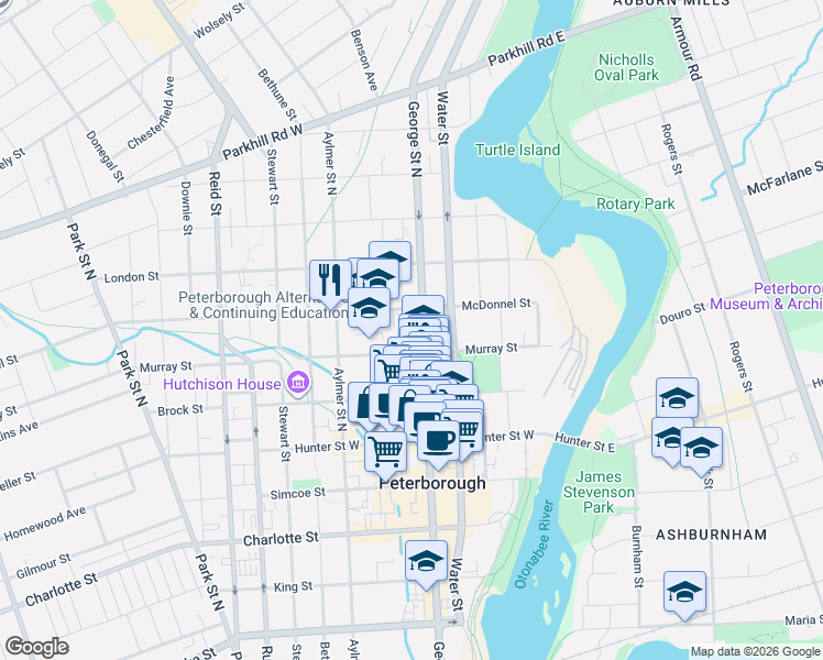 map of restaurants, bars, coffee shops, grocery stores, and more near 499 George Street North in Peterborough
