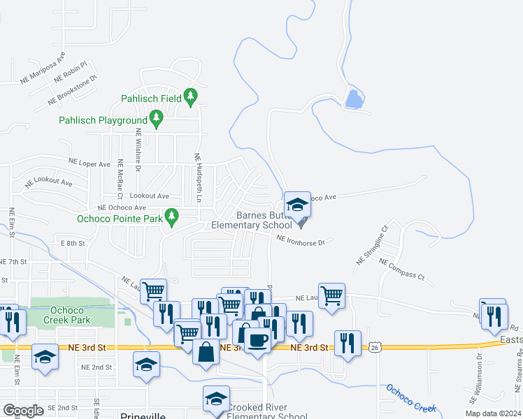 map of restaurants, bars, coffee shops, grocery stores, and more near 780 Northeast Trestle Street in Prineville