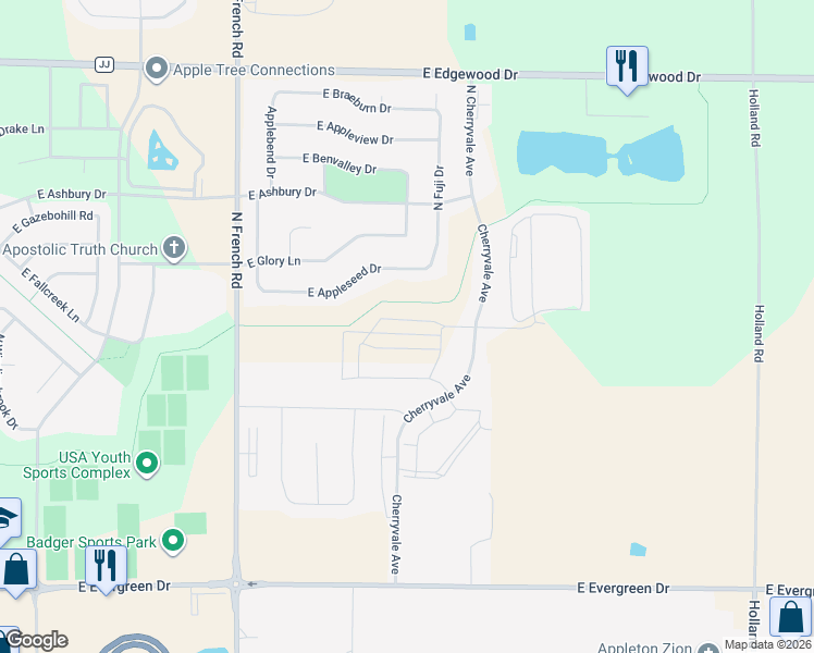 map of restaurants, bars, coffee shops, grocery stores, and more near 2810 Gardenia Drive in Appleton