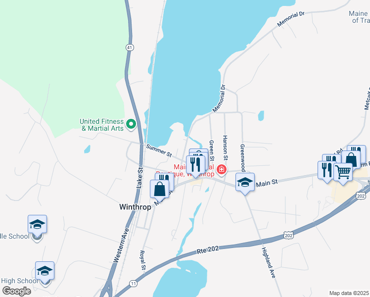 map of restaurants, bars, coffee shops, grocery stores, and more near Bowdoin Street in Winthrop