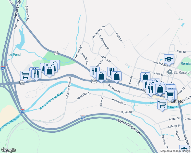 map of restaurants, bars, coffee shops, grocery stores, and more near 60 New Hampshire 10 in Littleton