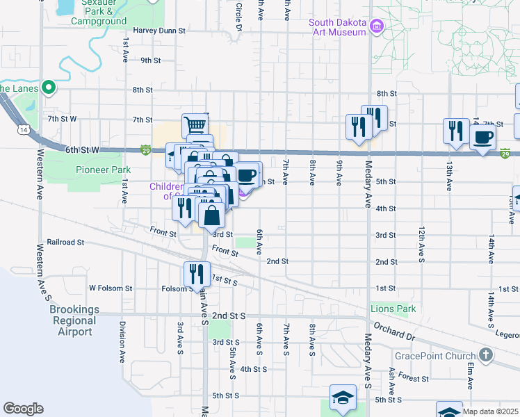 map of restaurants, bars, coffee shops, grocery stores, and more near 6th Avenue in Brookings