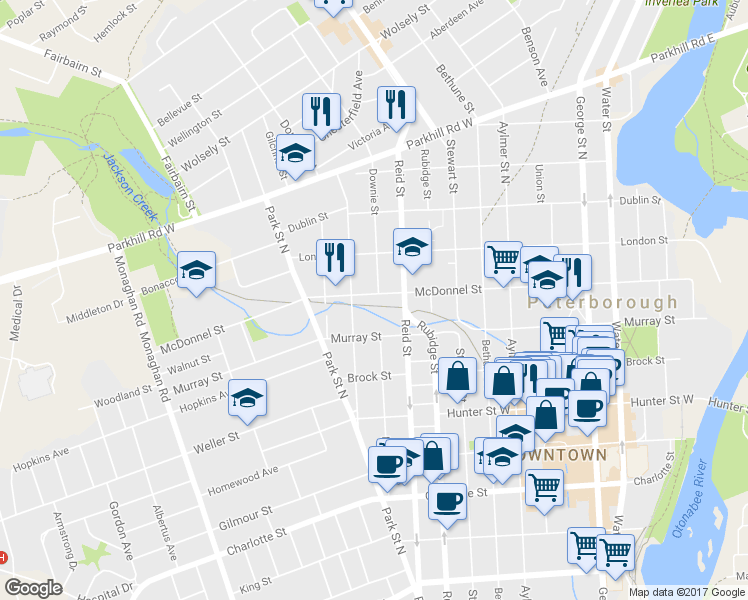 map of restaurants, bars, coffee shops, grocery stores, and more near 486 Donegal Street in Peterborough