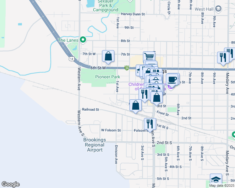 map of restaurants, bars, coffee shops, grocery stores, and more near in Brookings