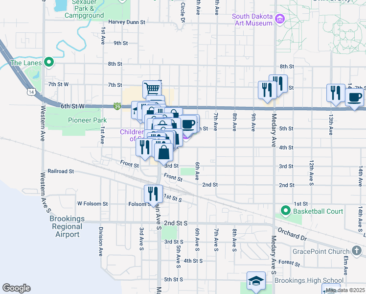 map of restaurants, bars, coffee shops, grocery stores, and more near 521 4th Street in Brookings