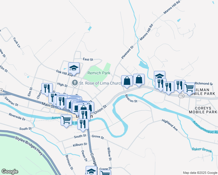 map of restaurants, bars, coffee shops, grocery stores, and more near 130 Pleasant Street in Littleton