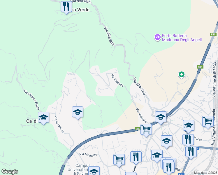map of restaurants, bars, coffee shops, grocery stores, and more near 21 Via Valcada in Savona