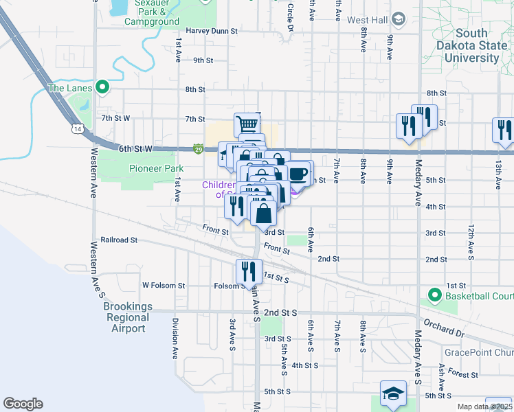 map of restaurants, bars, coffee shops, grocery stores, and more near 401 Main Avenue in Brookings