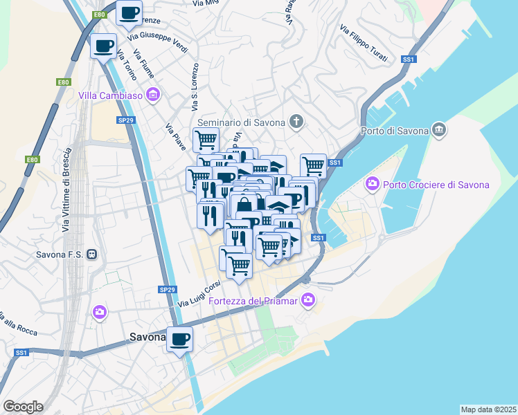 map of restaurants, bars, coffee shops, grocery stores, and more near 121R Corso Italia in Savona