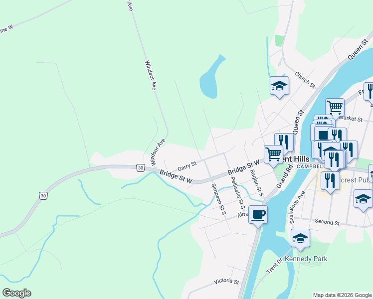 map of restaurants, bars, coffee shops, grocery stores, and more near 210 Garry Street in Campbellford