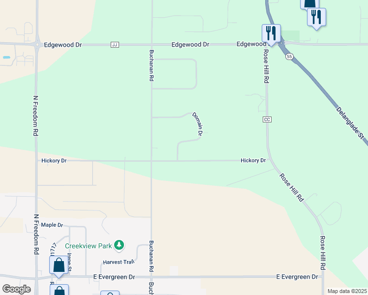 map of restaurants, bars, coffee shops, grocery stores, and more near W2232 Hickory Drive in Kaukauna
