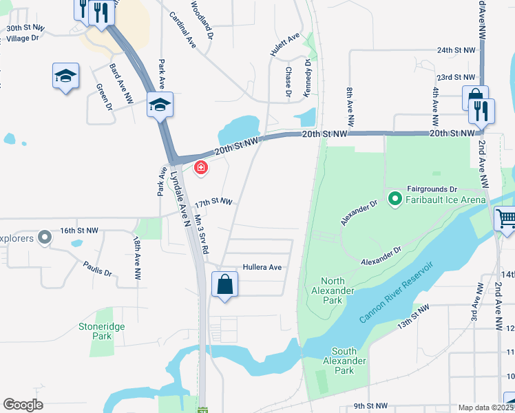 map of restaurants, bars, coffee shops, grocery stores, and more near 1503 Hulett Avenue in Faribault