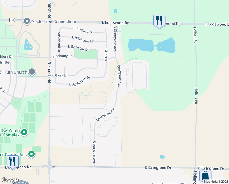 map of restaurants, bars, coffee shops, grocery stores, and more near 4685 North Cherryvale Avenue in Appleton