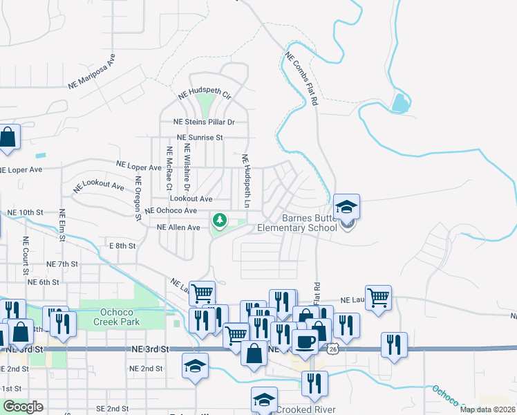 map of restaurants, bars, coffee shops, grocery stores, and more near 896 Northeast Hudspeth Lane in Prineville