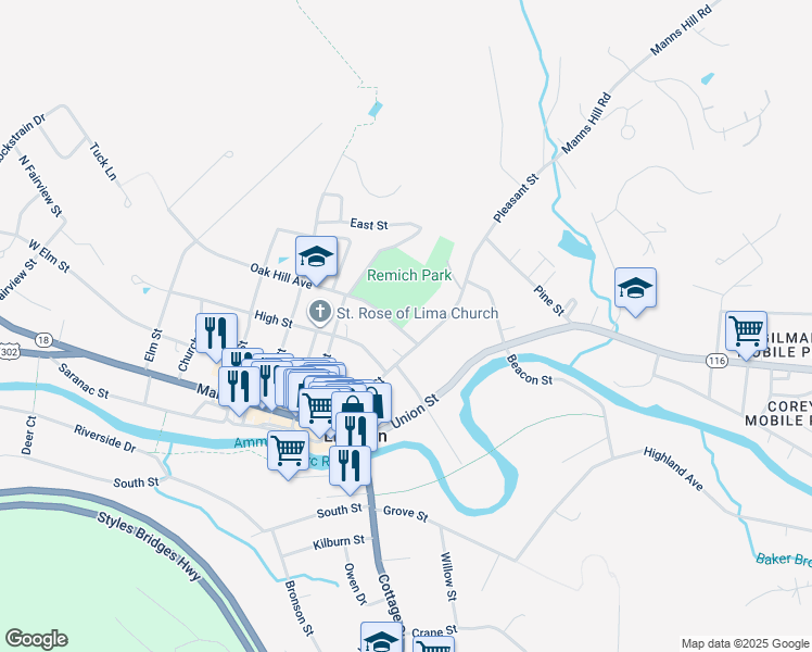 map of restaurants, bars, coffee shops, grocery stores, and more near 87 Pleasant Street in Littleton