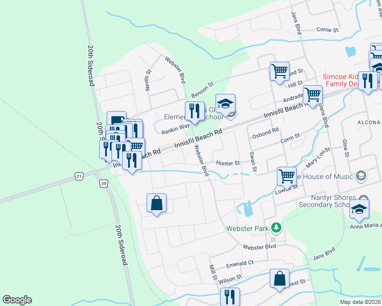 map of restaurants, bars, coffee shops, grocery stores, and more near 2090 Webster Boulevard in Innisfil