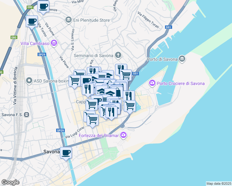 map of restaurants, bars, coffee shops, grocery stores, and more near Via Santa Maria Maggiore in Savona