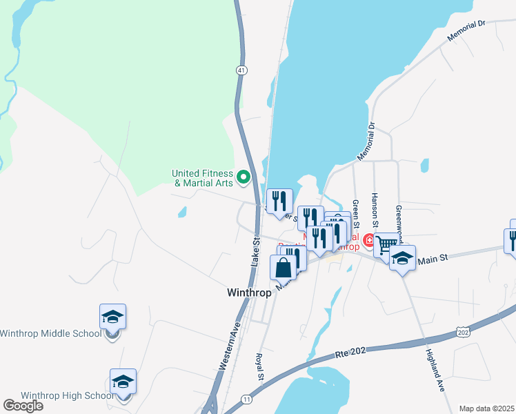 map of restaurants, bars, coffee shops, grocery stores, and more near 345 Maine 133 in Winthrop