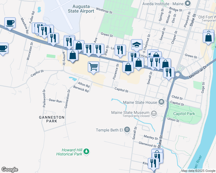 map of restaurants, bars, coffee shops, grocery stores, and more near Capitol Street in Augusta