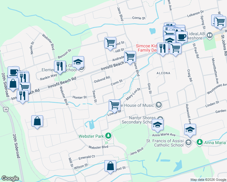 map of restaurants, bars, coffee shops, grocery stores, and more near 2029 Swan Street in Innisfil
