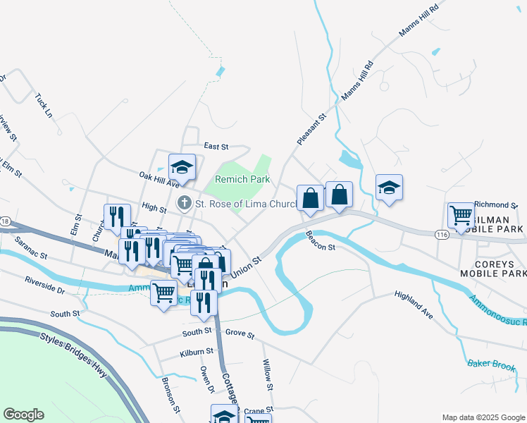 map of restaurants, bars, coffee shops, grocery stores, and more near 130 Pleasant Street in Littleton