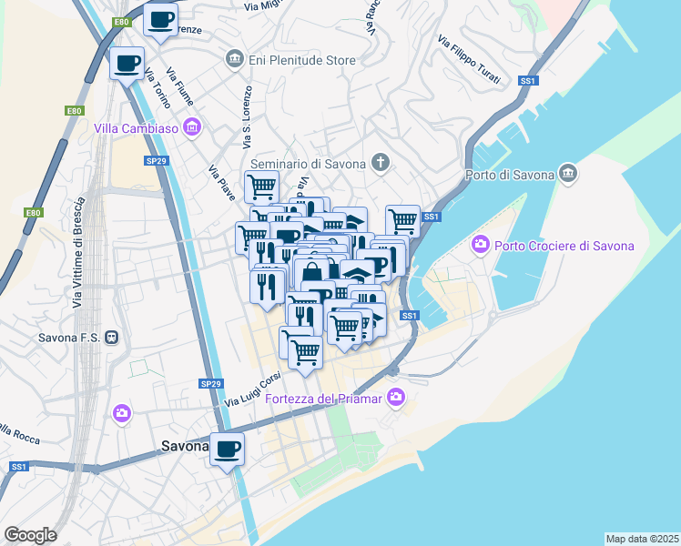 map of restaurants, bars, coffee shops, grocery stores, and more near 121R Corso Italia in Savona