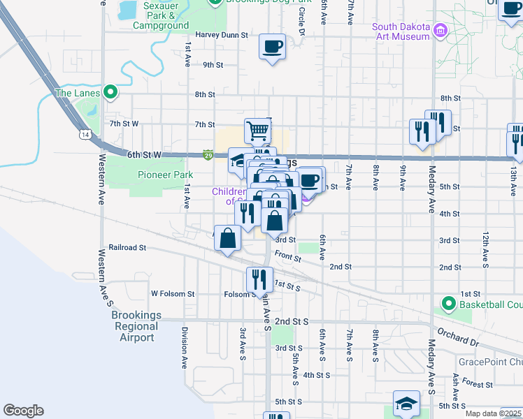 map of restaurants, bars, coffee shops, grocery stores, and more near 401 Main Avenue in Brookings