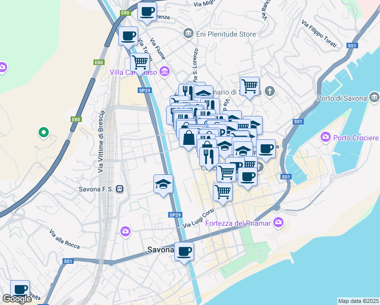 map of restaurants, bars, coffee shops, grocery stores, and more near 4 Via IV Novembre in Savona
