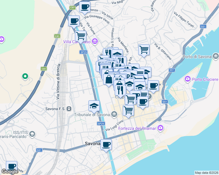 map of restaurants, bars, coffee shops, grocery stores, and more near 4 Via IV Novembre in Savona