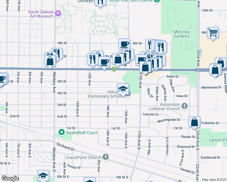 map of restaurants, bars, coffee shops, grocery stores, and more near 1368 5th Street in Brookings