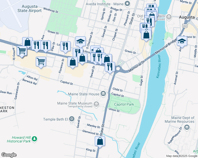 map of restaurants, bars, coffee shops, grocery stores, and more near 3 Wade Street in Augusta