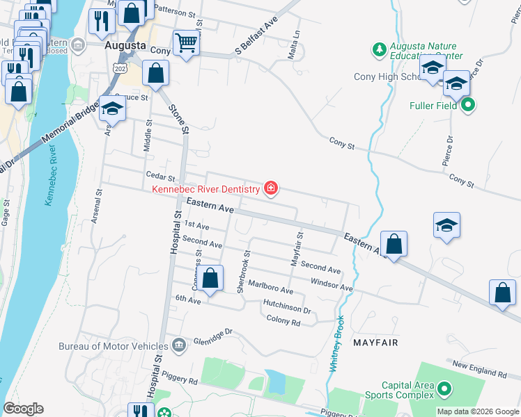map of restaurants, bars, coffee shops, grocery stores, and more near 35 Davenport Street in Augusta