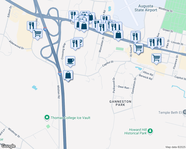 map of restaurants, bars, coffee shops, grocery stores, and more near 65 Worcester Street in Augusta