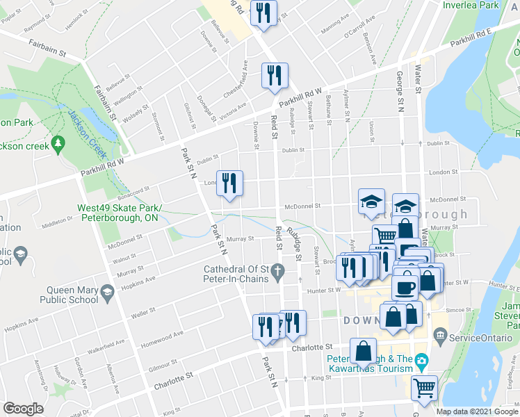 map of restaurants, bars, coffee shops, grocery stores, and more near McDonnel Street & Downie Street in Peterborough