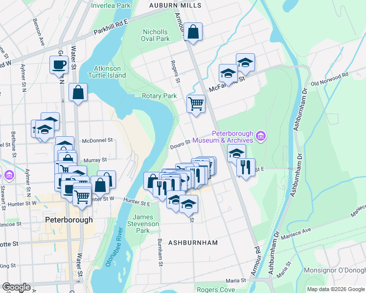 map of restaurants, bars, coffee shops, grocery stores, and more near 110 Douro Street in Peterborough