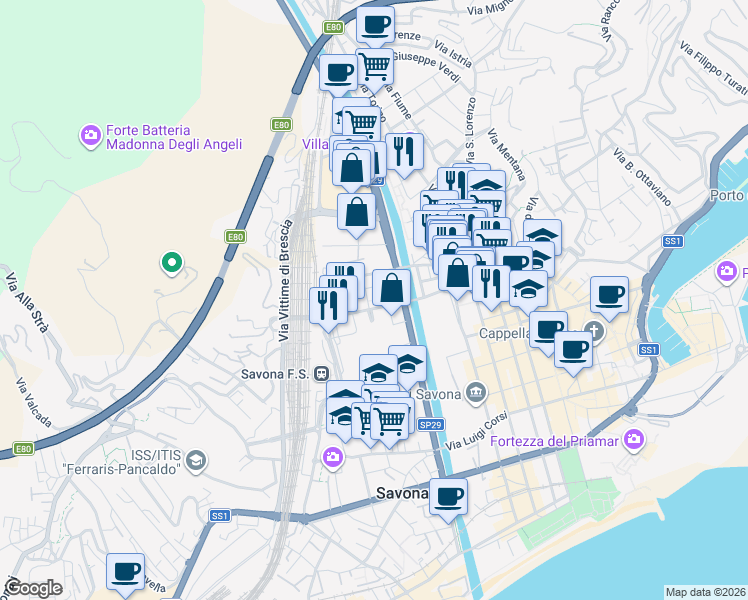 map of restaurants, bars, coffee shops, grocery stores, and more near 32 Via A. Aglietto in Savona