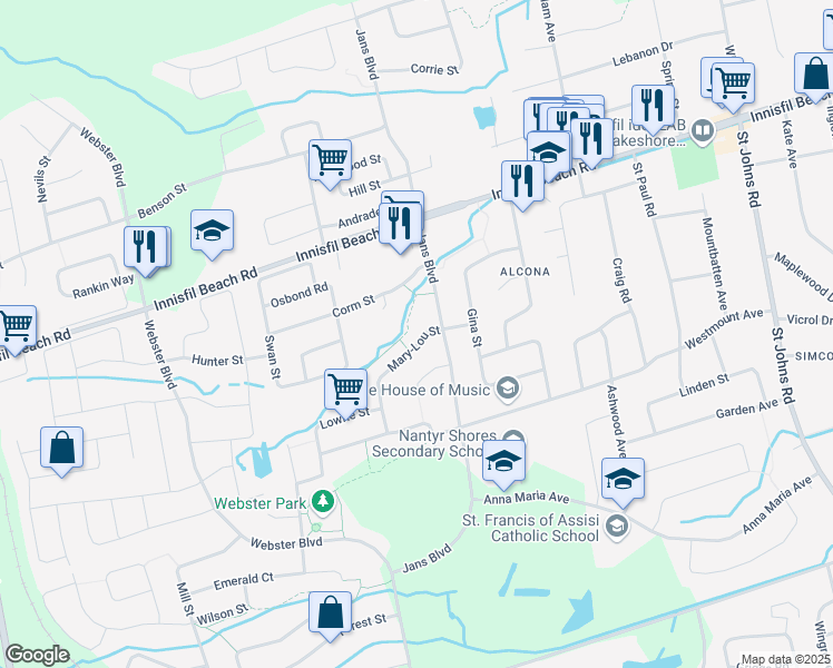 map of restaurants, bars, coffee shops, grocery stores, and more near 1180 Mary-Lou Street in Innisfil