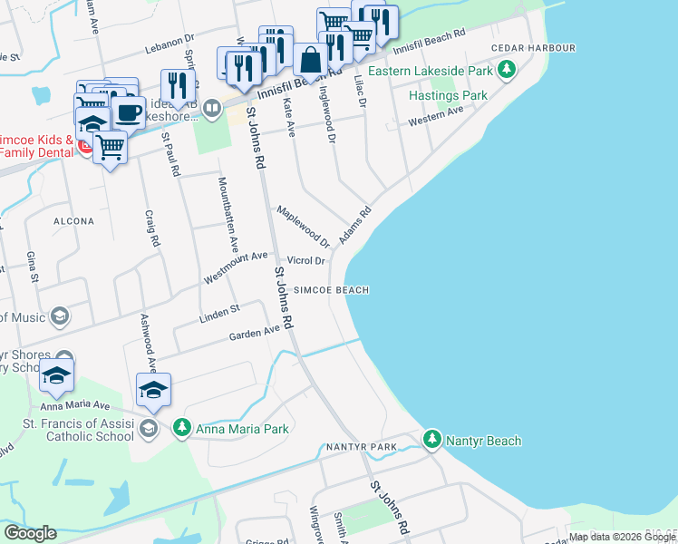 map of restaurants, bars, coffee shops, grocery stores, and more near 885 Adams Road in Innisfil