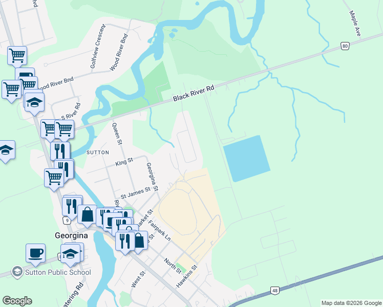 map of restaurants, bars, coffee shops, grocery stores, and more near 82 Scotia Road in Georgina