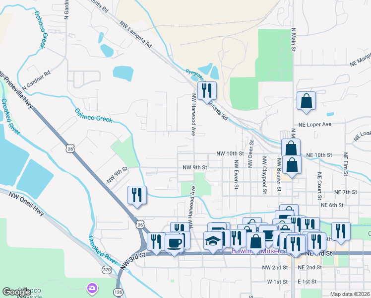 map of restaurants, bars, coffee shops, grocery stores, and more near 1145 Northwest Harwood Avenue in Prineville