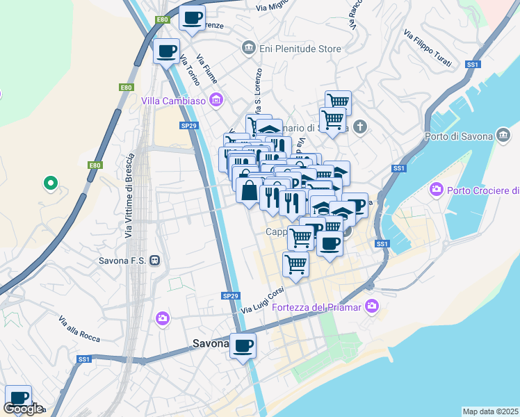 map of restaurants, bars, coffee shops, grocery stores, and more near 6 Via Montesisto Giuseppe in Savona