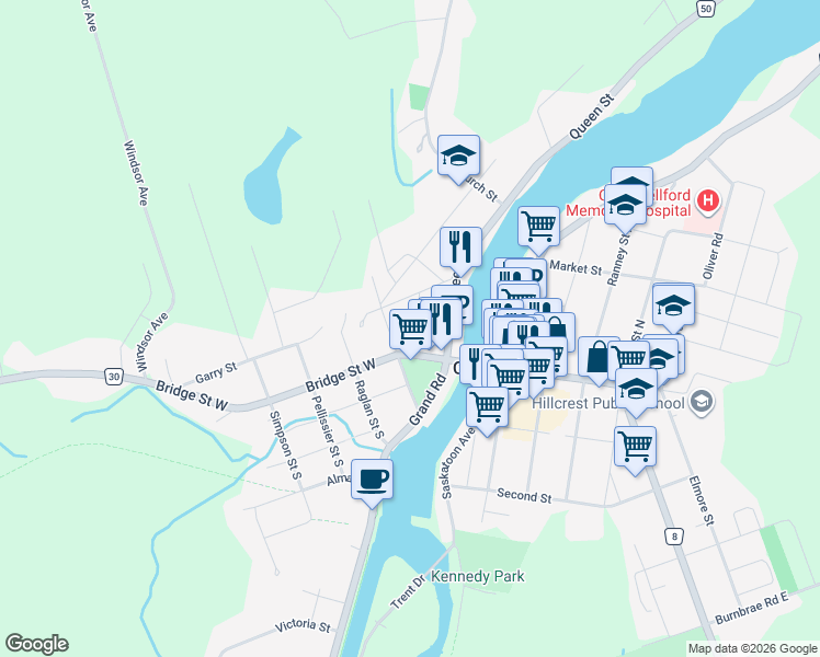 map of restaurants, bars, coffee shops, grocery stores, and more near 22 Churchill Drive in Campbellford