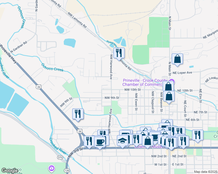 map of restaurants, bars, coffee shops, grocery stores, and more near 1145 Northwest Harwood Avenue in Prineville