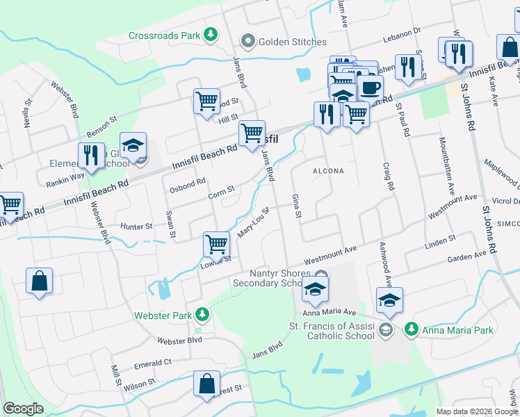map of restaurants, bars, coffee shops, grocery stores, and more near 2038 Jans Boulevard in Innisfil